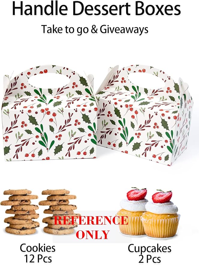 Happyhiram Winter Floral Gable Candy Paper Boxes, 25 Pcs Christmas Red Holly Berry Party Treat Boxes with Handle Small Gift Holiday Boxes Kids Party Favor Cookie Bags