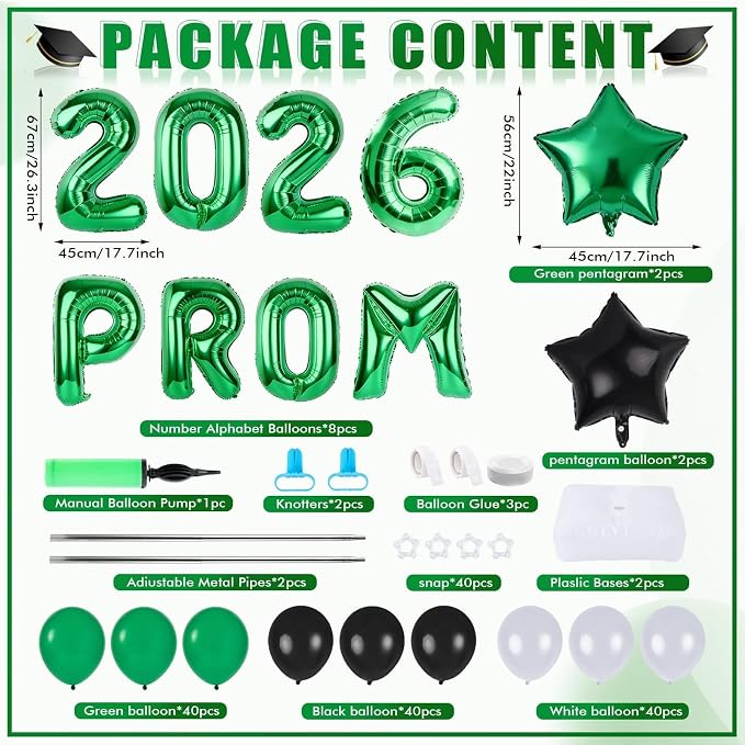 2 Sets 2026 Prom Dance Party Balloon Column Stand Kits Black Green White Latex Balloons 2026 Letters 6.5 Ft Adjustable Metal Tube Telescopic Tower Pillar with Base for Prom Dance Party Decoration