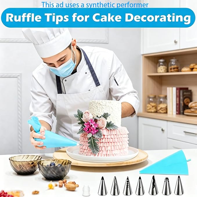 9 Pcs Ruffle Piping Tips Set, Reusable Silicone Piping Bags, Seamless Stainless Steel Cake Piping Tips, Pleated Skirt Piping Nozzles Set for Cakes, Cupcakes, Cookies, Cake Decorating, Baking Tools