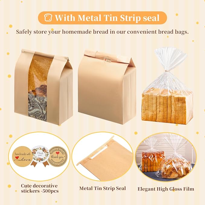 50 Pack14 x 8.3 x 3.5 inch Large Kraft Paper Bread Bags for Homemade Bread Sourdough Bags and 50 Pack 18 x 8 x 4 Inch Clear Bread Bags for Baked Food Packaging Storage (100)