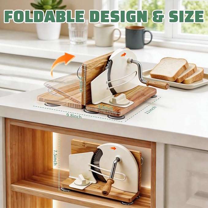 Manual Bread Slicer, Detachable Stainless Steel Blade & Folding Wood Base - Adjustable Slice Thickness 1-20mm, Suction Cup Base, Metal Guide & Rotating Handle for Sourdough, Bagels, Toast