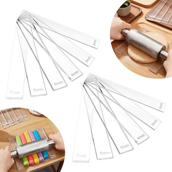 12Pcs 6 Size Acrylic Polymer Clay Depth Guide Set, 2,3,4,5,6,7mm Adjustable Clay Rolling Pin Guide, Roller Depth Guides Pottery Tools for Polymer Thickness (Color:Clear)