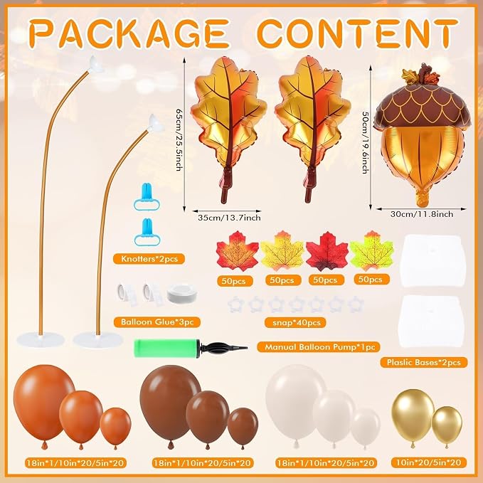 2 Set Fall Balloon Arch Kit Adjustable Fall Column Stand Thanksgiving Balloon Towers with Pinecone Maple Leaves Balloons for Thanksgiving Autumn Harvest Baby Shower Birthday Party Decoration