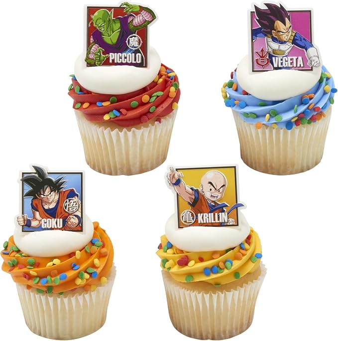 24 Dragon Ball Z Cupcake Rings | DecoPac Cupcake Toppers Featuring Goku, Vegeta, Krillin, Piccolo | Food Safe Square Decorations - 24 Pack