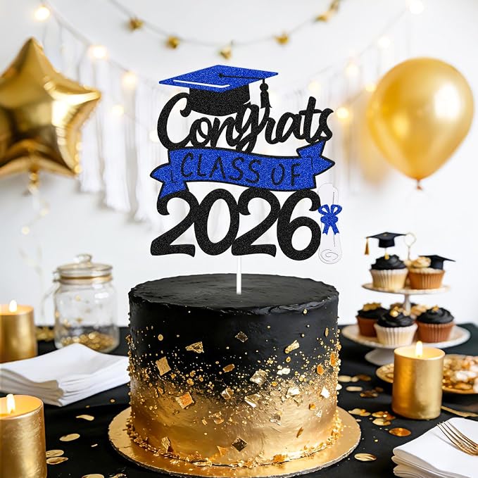 Congrats Class of 2026 Cake Topper Congrats Grad Cap Diploma Theme for High School Happy Graduation Party Supplies College Graduate Decoration (Black and Blue)
