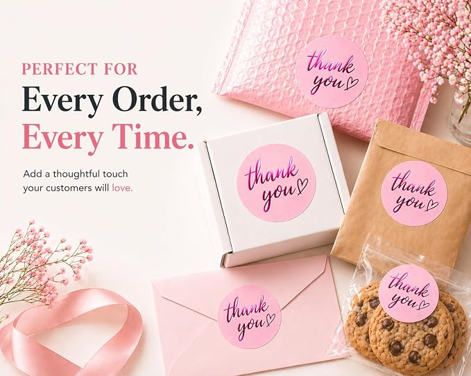 500 Pcs Thank You Stickers – 1.5” Pink Round Labels with Purple Hot Stamping Foil Script & Heart Design, Elegant Small Business Packaging Stickers for Bags, Boxes, Envelopes & Party Favors