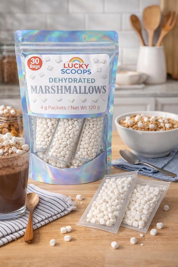 Lucky Scoops Dehydrated Marshmallow Packets – 30 Individually Wrapped 4 g Packs in Resealable Pouch – Dessert Toppings for Hot Cocoa, Hot Chocolate, Ice Cream Sundae, Baking & Parties