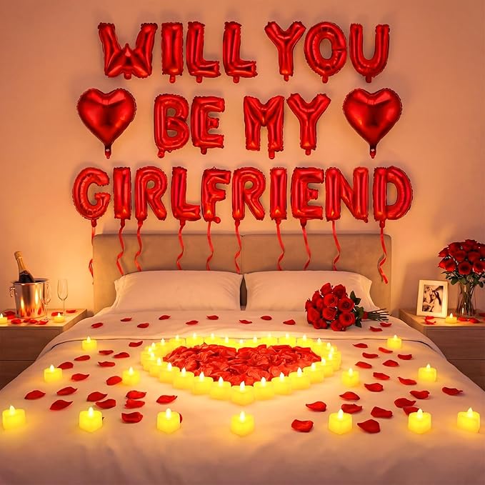 Will You Be My Girlfriend Balloon Proposal Decor 24 LED Flameless Tealight Heart Candle 2000 Artificial Rose Petals Love Balloon for Engagement Wedding Decor Romantic Special Night(White)