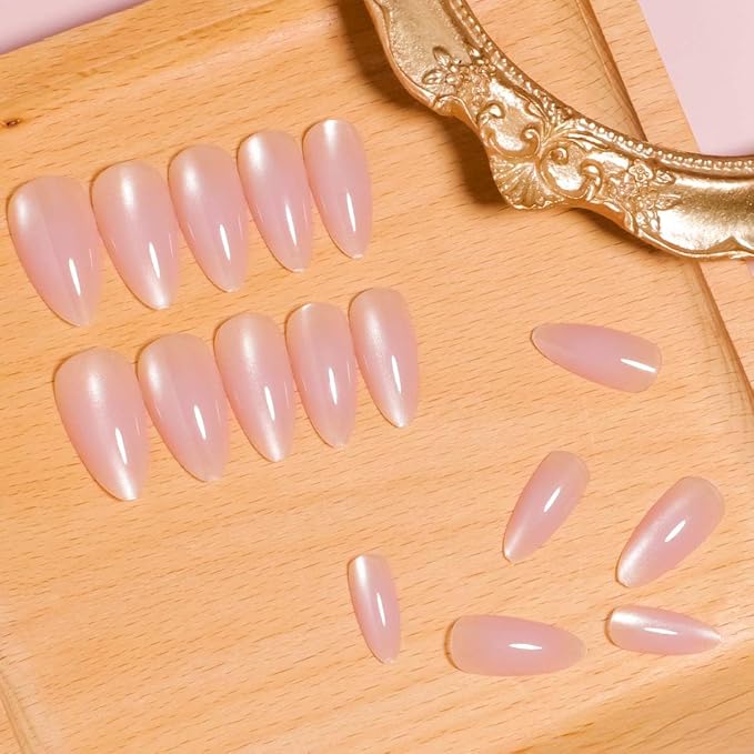 24Pcs French Press on Nails Short Almond ZWENJIE Cat Eye Fake Nails Press ons Nail Tips Stick on Nails Acrylic Nails Kit False Nails with Light Pink Blush Design Nail Art for Women Glitter Manicure