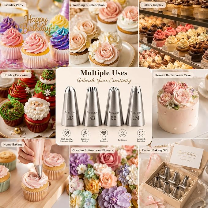 #1M #2D #4B #6B Large Piping Nozzles, 4 pcs Stainless Steel Seamless Icing Piping Tips Set for Cupcakes and Baking