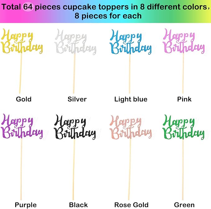 Boao 64 Pieces Happy Birthday Cupcake Toppers Glitter Cake Topper Picks Dessert Topper Decoration for Birthday Party Anniversary Celebration, 8 Colors