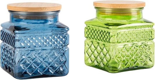 Glass Storage Jar Set of 2, Thick Glass Candy Jar for Coffee Bean, Cocoa Powder,Dog treats, Snacks Decorative Square Glass Jars with Airtight Lids, for Coffee Bar Kitchen Party Counter 20.3 FL OZ
