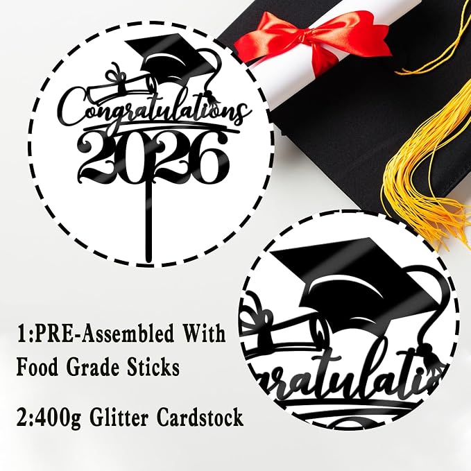 Congratulations 2026 Graduation Cake Topper,Congrats Grad Cake Decor - 2026 High School/College/Senior Graduation Party Decorations Supplies (black Acrylic 2)