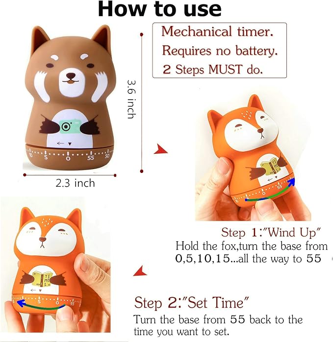 Mechanical Kitchen Timer, Cute Animal Timer for Kids, Wind Up 60 Minutes Manual Countdown Timer for Classroom, Home, Study and Cooking (Brown Lesser Panda)