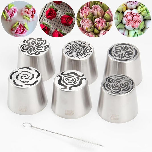 Extra Large Russian Piping Tip Set - 6 Stainless Steel Marshmallow Buttercream Framing Nozzles for 3D Roses Tulip Cake Decorations and Marshmallow Bouquets, Includes 1 Cleaning Brush(6F)