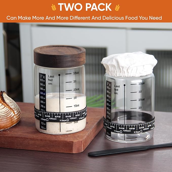 77L Sourdough Starter Jar, 35 oz Sourdough Starter Kit with Date Marker Feeding Band, Thermometer, Food-Grade Scraper, Cloth Cover and Acacia Wood Lid, Sourdough Bread Baking Supplies 2 Pack