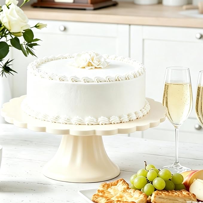 Vesici Cream Wooden Cake Stand Scalloped Reusable Round Cake Stand Dessert Holder for Cupcake Donut Dessert Wedding Baby Shower Party Supply (10" L x 10" W x 3" H)