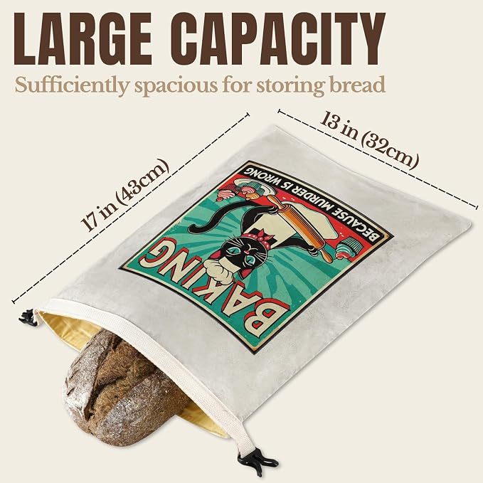 InnoBeta Beeswax Bread Bags for Sourdough & Homemade Bread, 2 Pack Reusable Cotton, 17"x13", Baking Cat