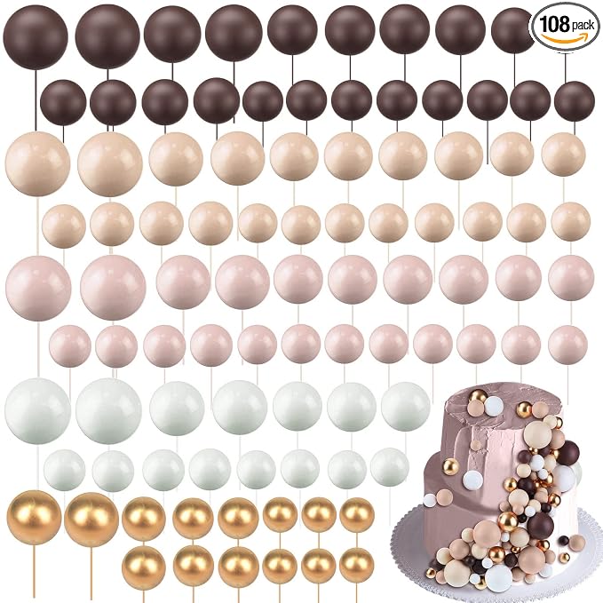 108 Pcs Balls Cake Topper DIY Cupcake Insert Foam Balloons for Cake Baking Wedding Anniversary Birthday Decoration(Brown Series,Multi Sizes)
