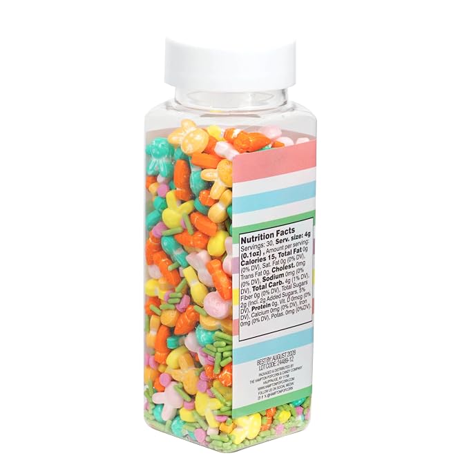 Bunnies & Carrots Sprinkle Mix Blue, Pink, Yellow, Orange, Green and Purple 4.23 oz, Easter Sprinkles For Cake Decorating, Baking, Ice Cream & More, The Hampton Candy Company
