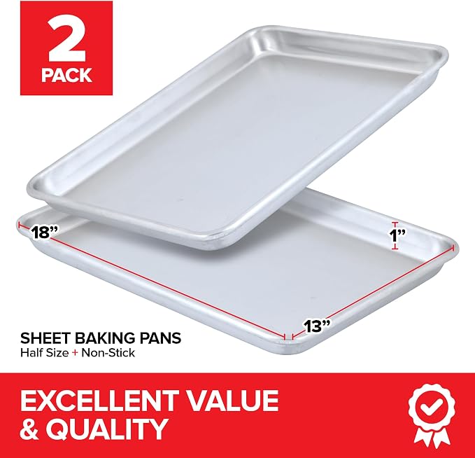 13x18 Aluminum Baking Sheet Pan (2 Pack), Commercial Half Size Rimmed Baking Pans for Oven, Freezer, & Bun Racks, Heavy Duty Baking Sheet Cake Pan, Extra Large Cookie Sheets for Baking & Cooking