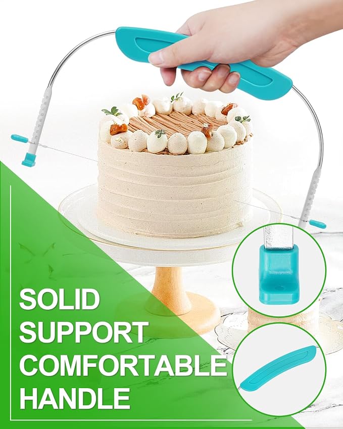 Adjustable 2- Wire Cake Slicer Leveler Small Cake Cutter Slicer for Leveling Tops of Layer Cakes Professional Baking Tool with Stainless Steel Wires and Sea Blue Handle