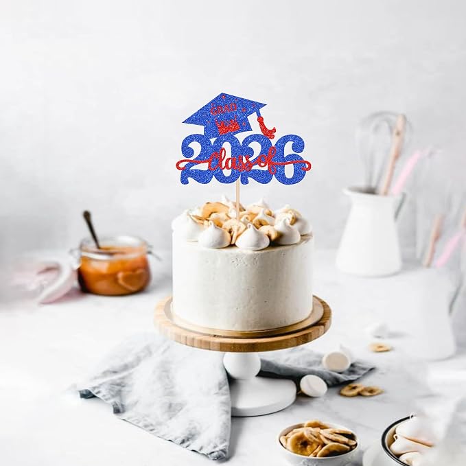 1 Pack Class of 2026 Cake Topper Glitter Congrats Grad Cap 2026 Graduation Cake Pick Decoration for 2026 Graduation Theme High School Graduate Party Cake Decorations Supplies Blue Red