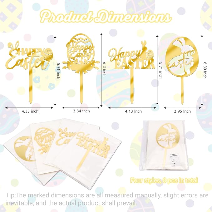 8Pcs Gold Happy Easter Cake Toppers Mirror Acrylic Bunny Egg Cake Picks Bunny Cupcake Decor for Spring Easter Party Cake Desserts Decor Supplies