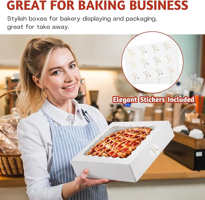 ZORRITA Pie Boxes with Window, 10"x10"x2.5", 20 Pack, White | Auto Pop-up, Bakery Boxes, For Chocolate Covered Strawberry, Cookies, Treats, Pastry, Donuts, Muffins