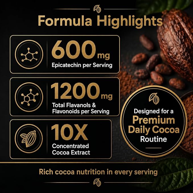 High Flavanol Cocoa Powder, 1200mg Flavanols & Flavonoids per Serving, 10X Concentrated Cocoa Extract with 600mg Epicatechin, Unsweetened Organic Cocoa Powder for Baking, Premium Dark Cocoa Nutrition