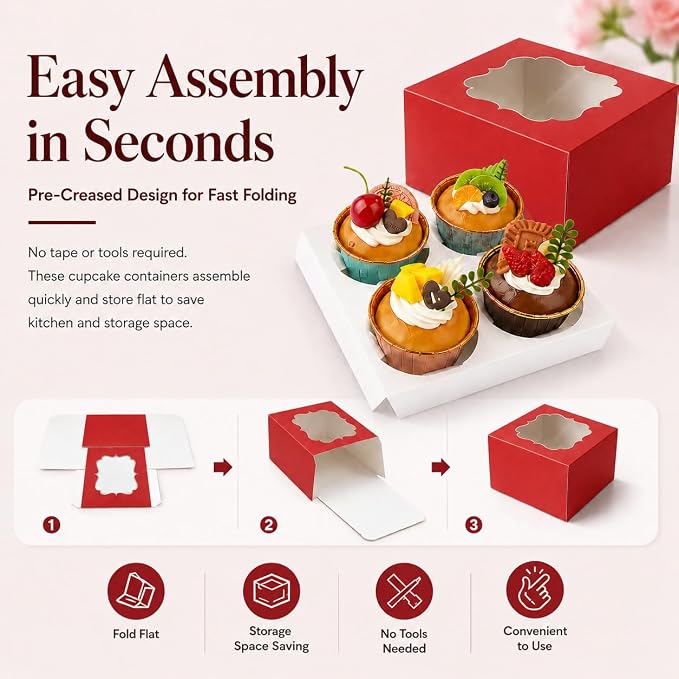 Cupcake Boxes with Window, 20 Pack 6.5x6.5x3 Inch Bakery Boxes for 4 Cupcakes, Muffins, Cookies & Pastries, Disposable Dessert Boxes with Insert Holder (Red)