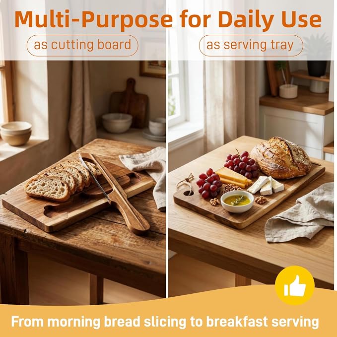 Bread Bow Knife and Board Set - Double-Sided Sourdough Bread Slicer with Spare Stainless Steel Blade & Integrated Storage, Space-Saving Bread Knife for Homemade Bread, Bagels, Ideal Gift for Homebaker