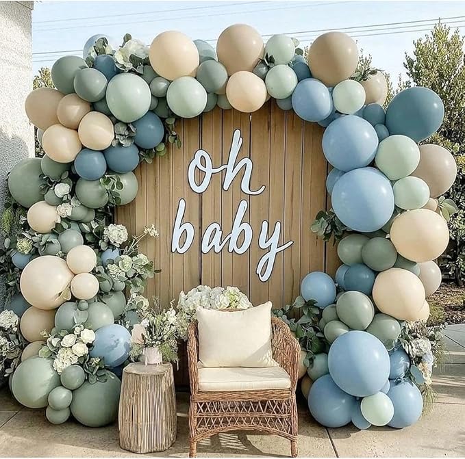 Dusty Blue Green Balloon Arch Kit Double Stuffed Pastel Light Sage Green Blue White Sand Beige Balloon Garland for Birthday Baby Shower One Silly Goose Dinosaur Wedding Ocean Party Decoration