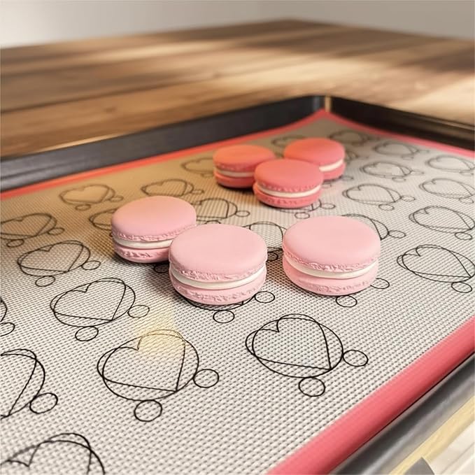 Silicone Macaron Baking Mat, 2 Pack, Non-Stick, Heart Pattern Template, 16.53 x 11.61 Inch, Pink Border, 0.7mm Thick, Professional Pastry Sheet