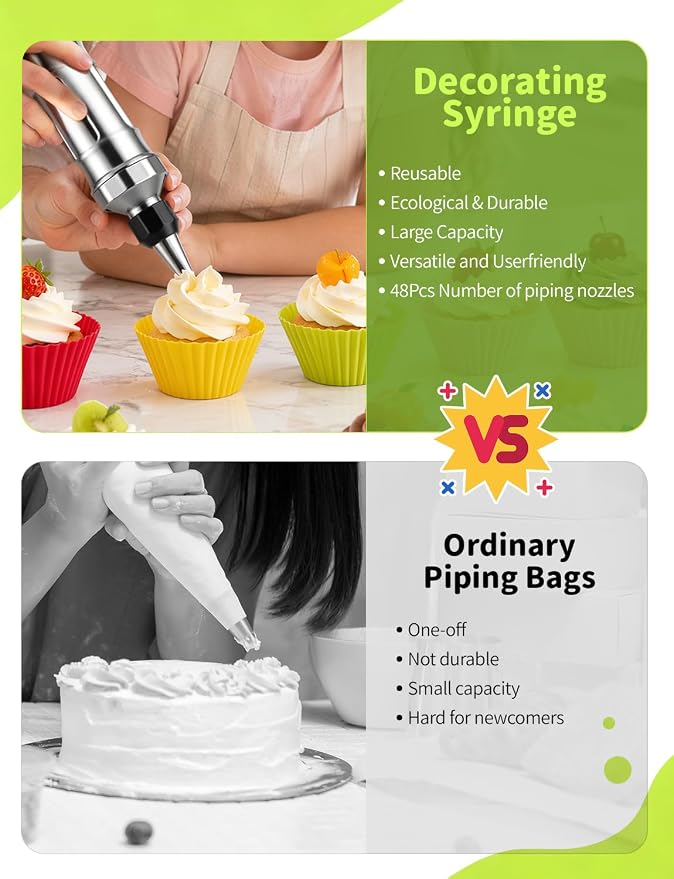 Dessert Decorating Syringe Set, Stainless Steel Cake Decorating Kit with Icing Piping Bags and Tips Set, Reusable Frosting Piping Kit for Cupcake, Cookie and Pastry Baking Supplies