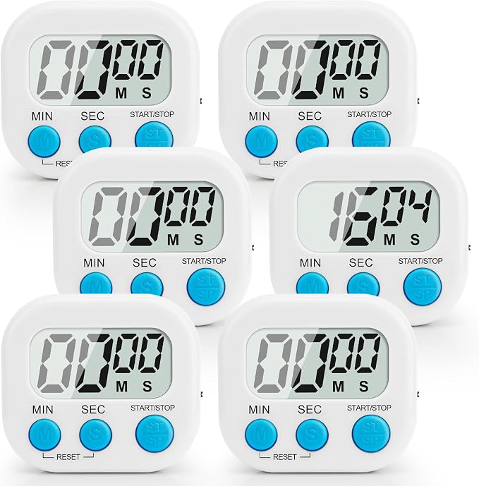 6 Pack Digital Kitchen Timer Multi-Function Magnetic Timers Classroom Timer for Kids Loud Alarm Big LCD Display Electronic Count Up Countdown Timers for Cooking, Classroom, Exercise, Meeting, White