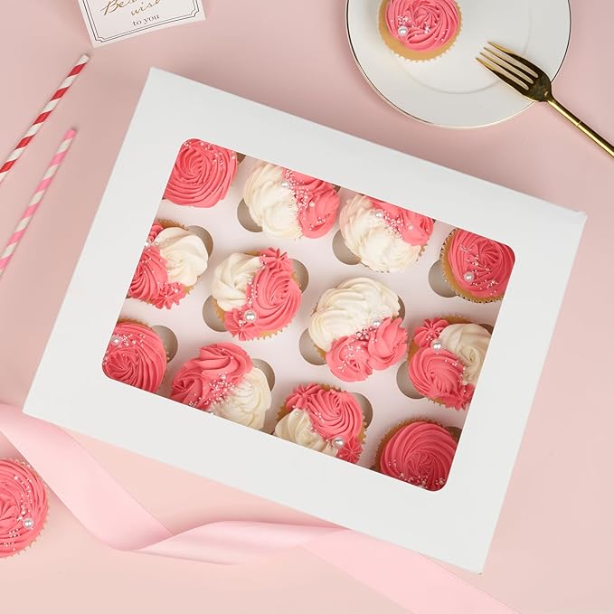 ZORRITA 12 Count Cupcake Boxes, 4 Pack, White | Auto-Popup, With Window & Inserts, Cupcake Carrier Containers, Fits Dozen Cupcakes Muffins