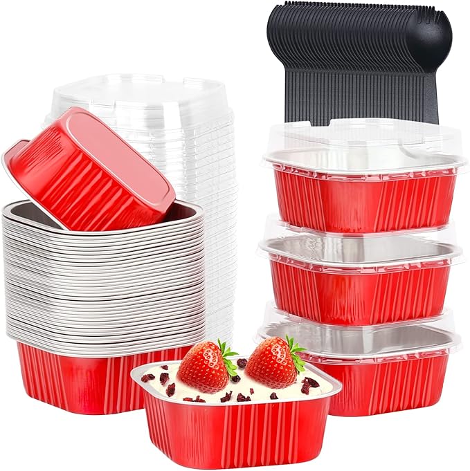 LNYZQUS 5oz Cupcake Pans Disposable Ramekins 40 Pack, Aluminum Foil Cupcake Liners with Lids,Square Brownie Mini Cake Baking Pans Muffin Tin Holders for Christmas-Red