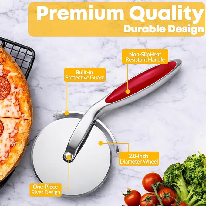 Pizza Cutter Wheel, Sharp Stainless Steel Pizza Slicer with Finger Guard, Non-Slip Comfortable Handle, Multi-Purpose Kitchen Cutter for Pizza, Pie, Dough and Pastry, Easy to Clean,Red