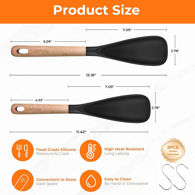 13" & 11" Silicone Cooking Spoons 2-Pack with S-Hooks - Wooden Handle Spoonula Set for Nonstick Cookware - Heat Resistant 446°F Spatula Spoon for Mixing & Serving, BPA Free（Black）