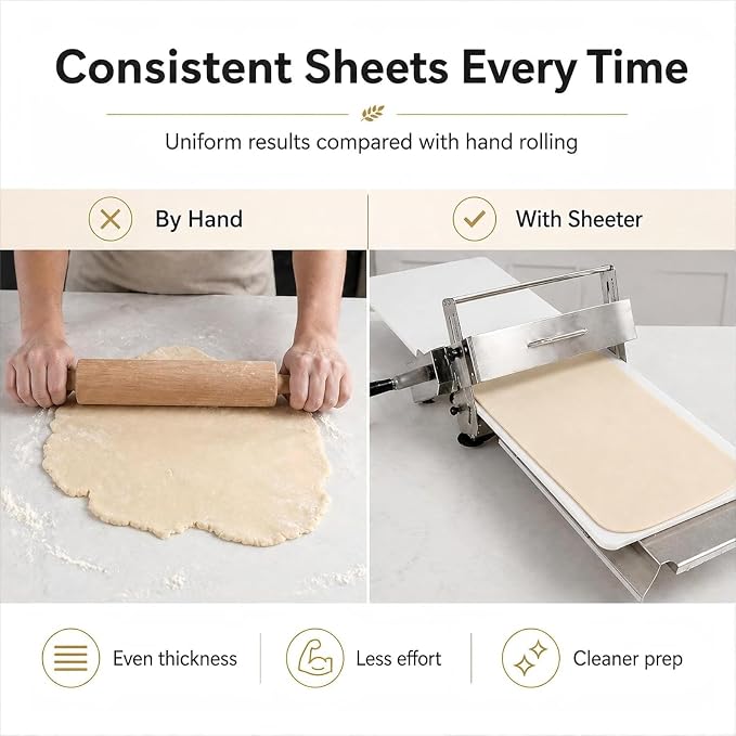 Manual Hand Dough Sheeter, Folding Dough Rolling Machine, Commercial Grade Capacity, Food-Grade Stainless Steel, with Sheeter Board, Or Pizza Dough, Bread, Cookies and Pastry Baking
