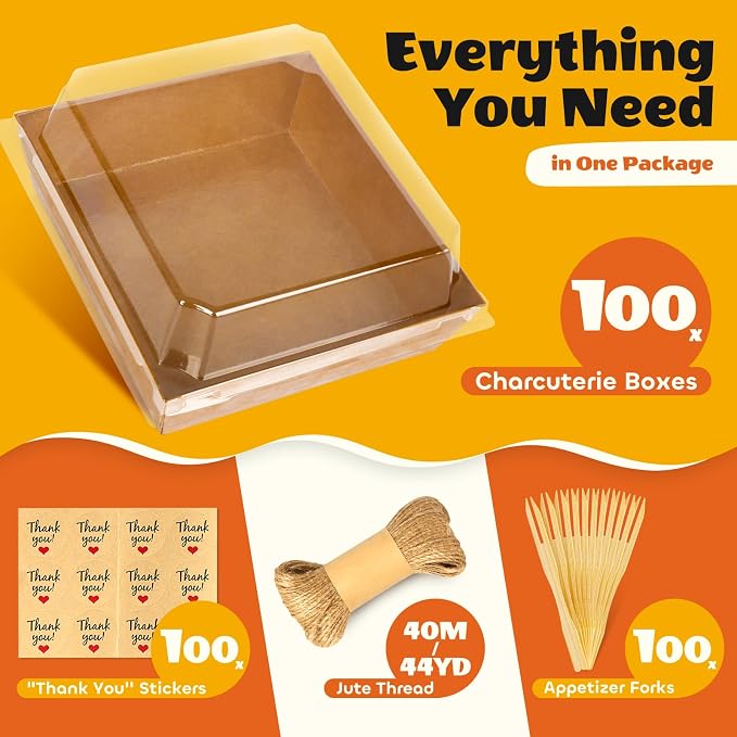 100Pcs Small Charcuterie Boxes with Clear Lids - Paper Mini Charcuterie Boxes To Go, Disposable Food Container with Lid, Dessert Boxes for Sandwich, Cookie, Sushi, Cake Slice, and Strawberries