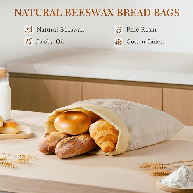 Beeswax Bread Bag, Sourdough Bread Bags for Homemade Bread, 17 * 13in Bees wax Wraps Reusable With Freshness Lock Zipper, Keep Bread Fresh for Longer (Caramel loaf)