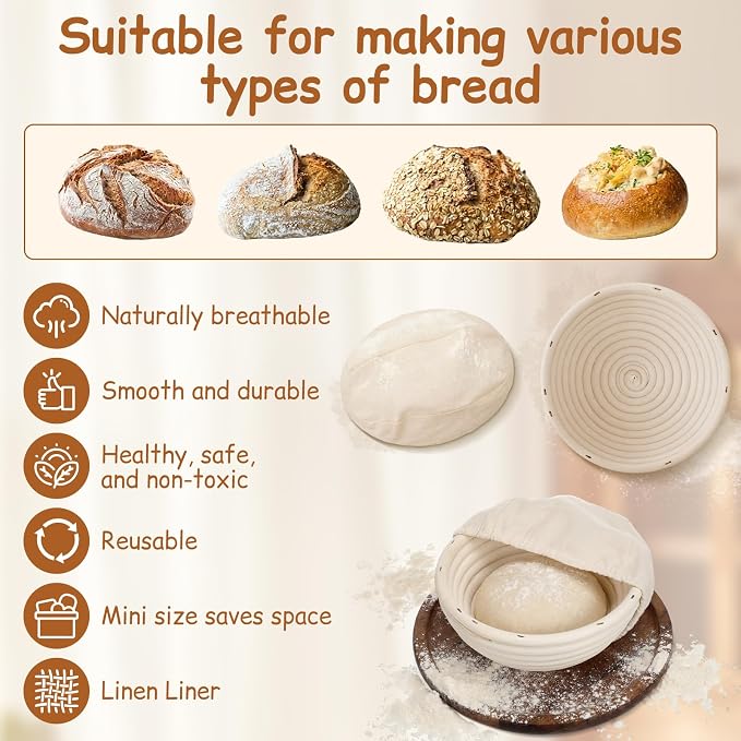 Set of 12 Mini Banneton Bread Proofing Basket with Liner, 5-inch Round and 6.5-inch Oval Small Bread Proofing Sourdough Bowl, for Sourdough Making, Baking Supplies for Home and Bakery