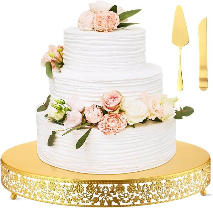 Wenqik 18 Inch Gold Cake Stand Set Metal Round Cupcake Dessert Stand with Cake Cutting, Flower Spatula Wedding Cupcake Pastry Display Candy Holder Display for Wedding Party Birthday Baby Shower