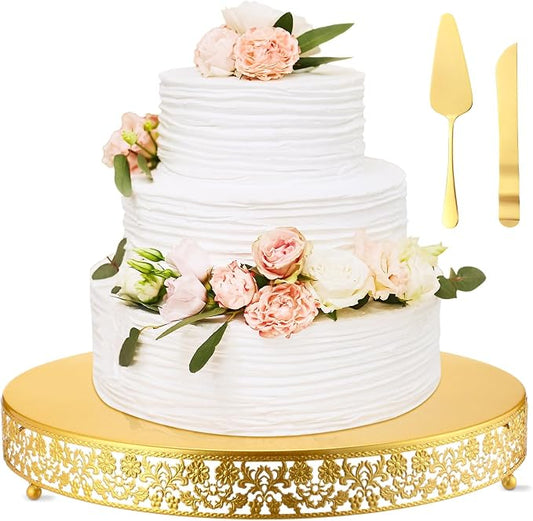 Wenqik 18 Inch Gold Cake Stand Set Metal Round Cupcake Dessert Stand with Cake Cutting, Flower Spatula Wedding Cupcake Pastry Display Candy Holder Display for Wedding Party Birthday Baby Shower
