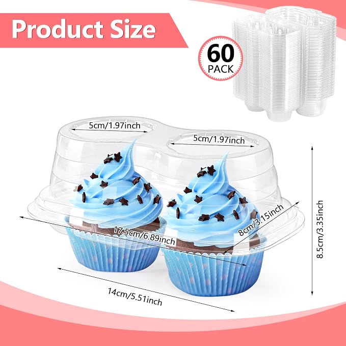 Jeffbaubl 60 Pcs 2 Cavity Cupcake Boxes,Clear Plastic Cupcake Containers,2-Compartment Cupcake Carrier Holder Box with Lids,Stackable Disposable Cupcake Holder for Muffins Pies