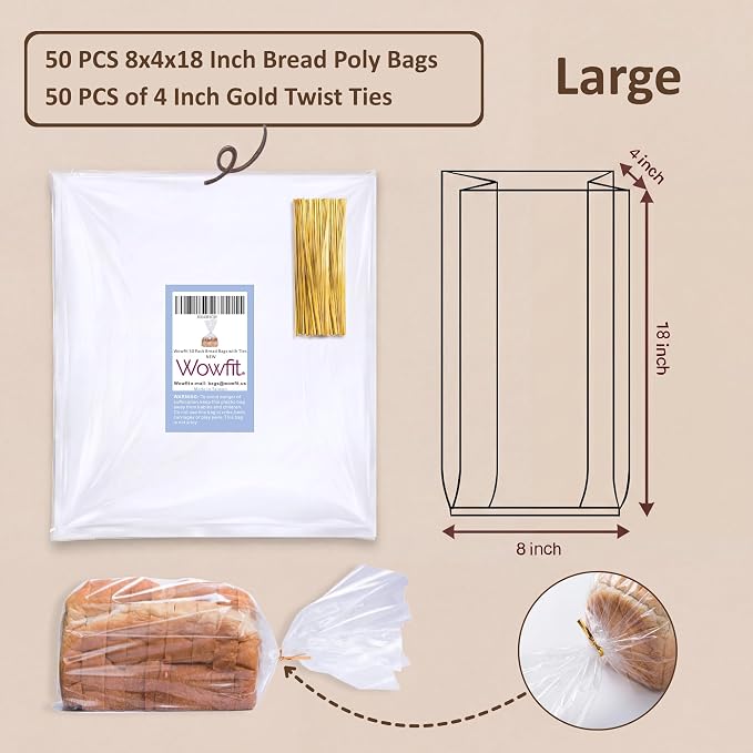 Wowfit Bread Plastic Bags, Pack of 50 Reusable Clear Bakery Storage Packaging for Homemade Loaf, Includes 50 Gold Twist Ties