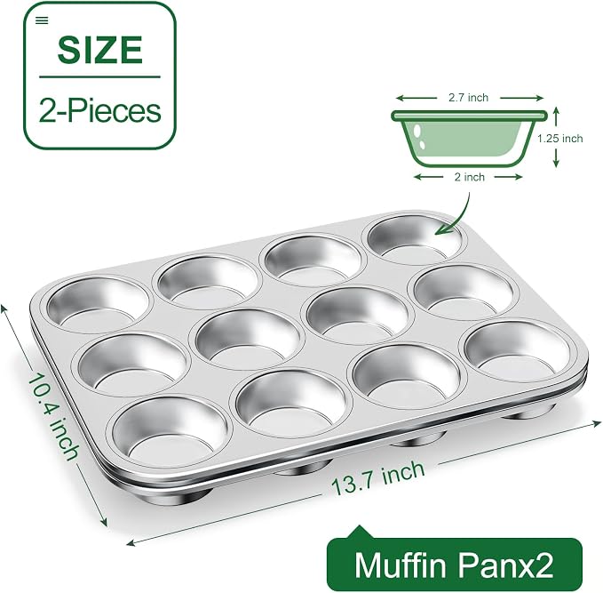 12-Cup Stainless Steel Muffin Pan, Cupcake Pan Metal Muffin Baking Tins for Oven & Dishwasher Safe, Cupcake Pans for Baking Non-toxic & Easy Clean Set of 2 ﻿