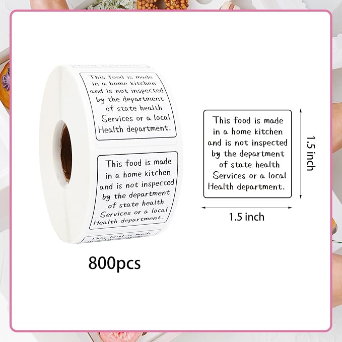 800pcs Cottage Food Law Labels 1.5x1.5 Inch Square Homemade Thermal Printed Adhesive Sticker Inspection Statement Ingredient Label Stickers for Home Kitchen Bakery Homemade Food Packaging - White